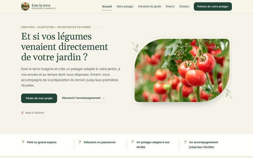 Page d’accueil du site Emelaterre, potagers à domicile, réalisé par StarLead
