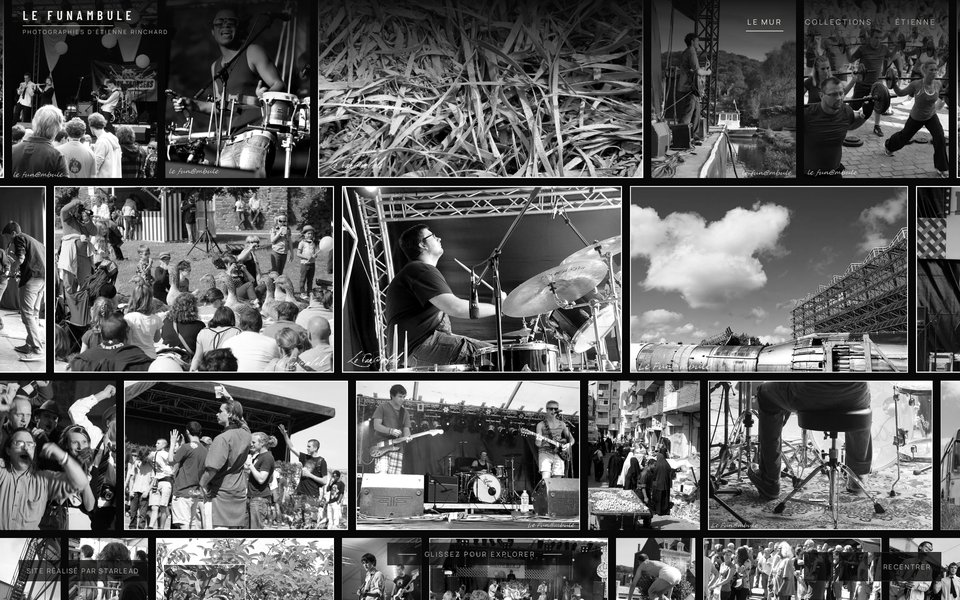Le mur de photographies du site Le Funambule, en noir et blanc