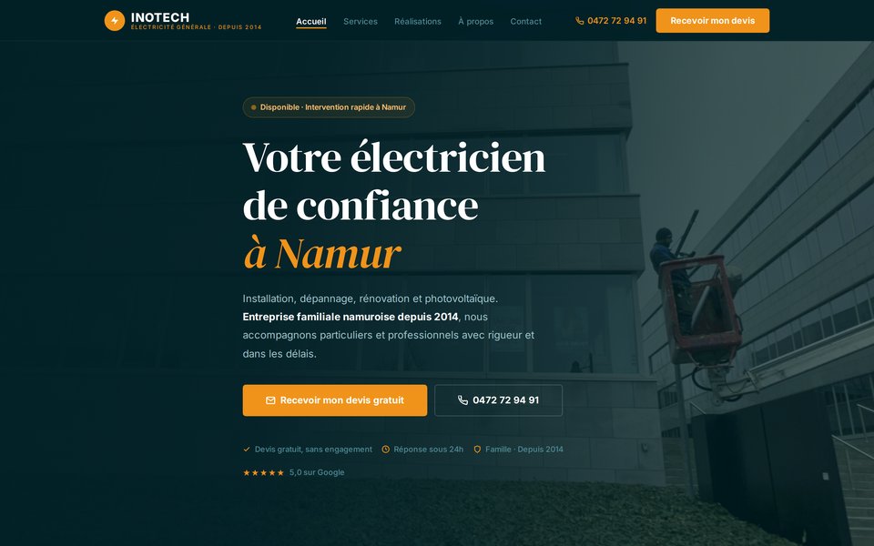 Page d’accueil du site INOTECH, électricien à Namur, réalisé par StarLead