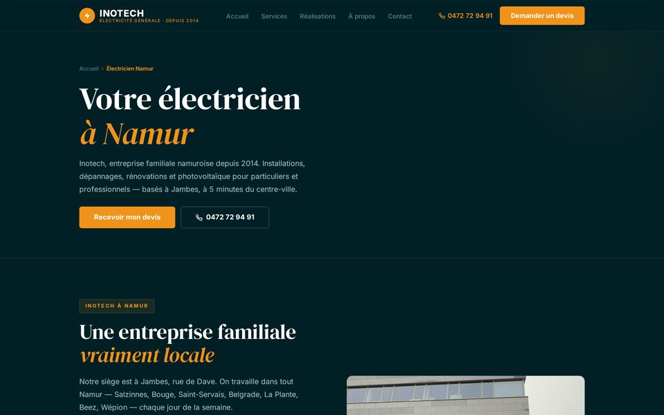 Page locale « Électricien à Namur » du site INOTECH