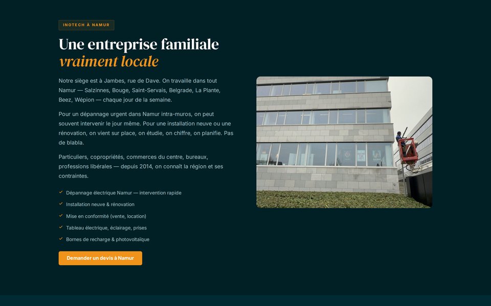 Section « Une entreprise familiale vraiment locale » de la page Namur du site INOTECH